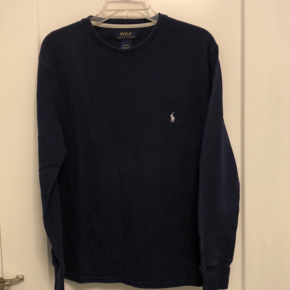 Polo Ralph Lauren waffle knit Crew Neck Men’s Med Navy w white logo, 100% Cotton